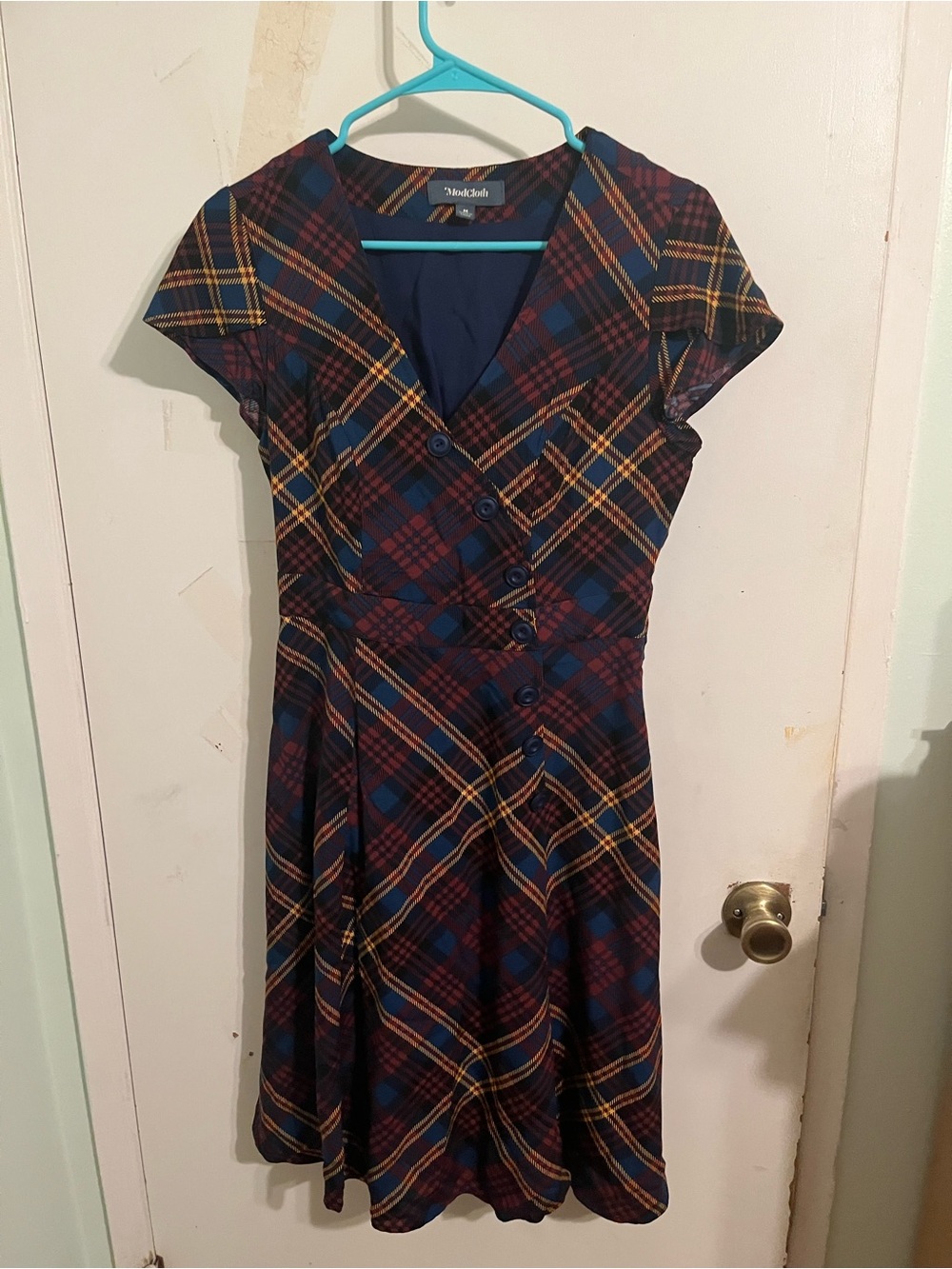 Modcloth Navy, Burgundy & Yellow Plaid Fit-and-Flare Dress